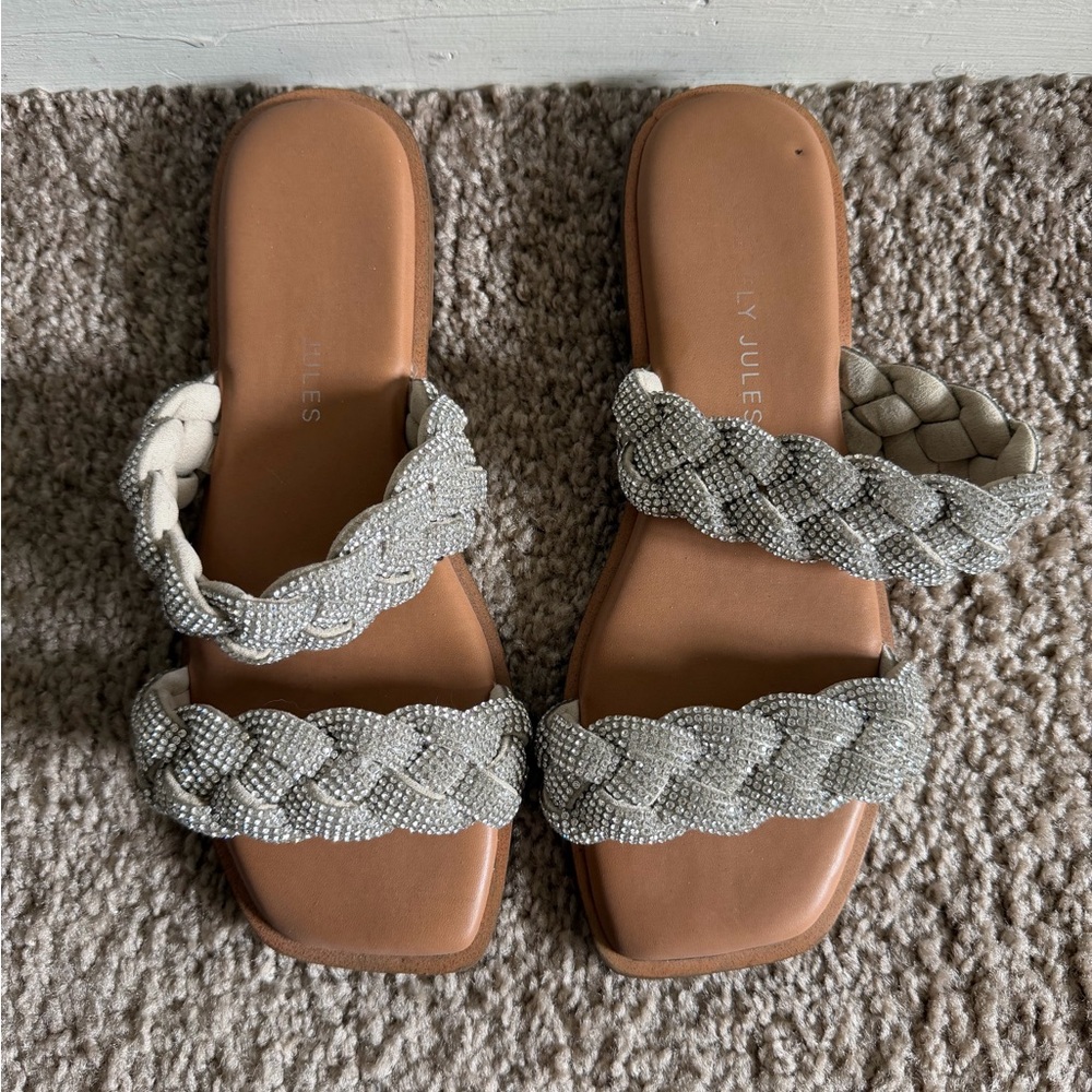Sincerly Jules Silver Beaded Braided Slide Sandals with Tan Footbed